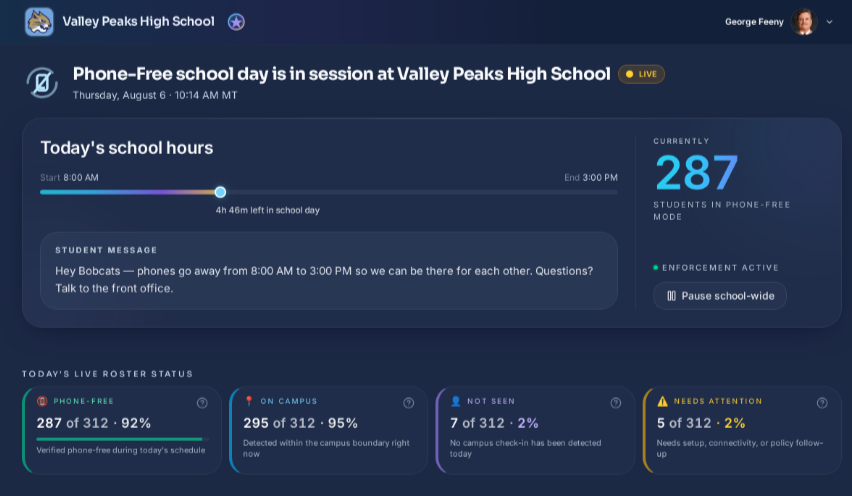 Admin Portal — phone-free school day dashboard for Valley Peaks
