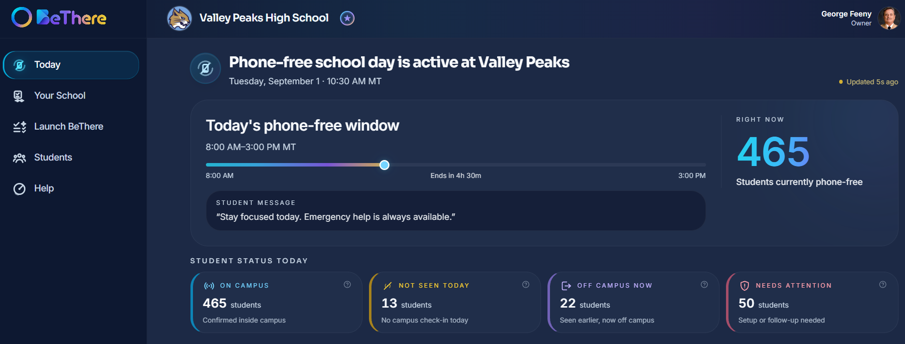 BeThere Admin Portal — Today view at Valley Peaks High School