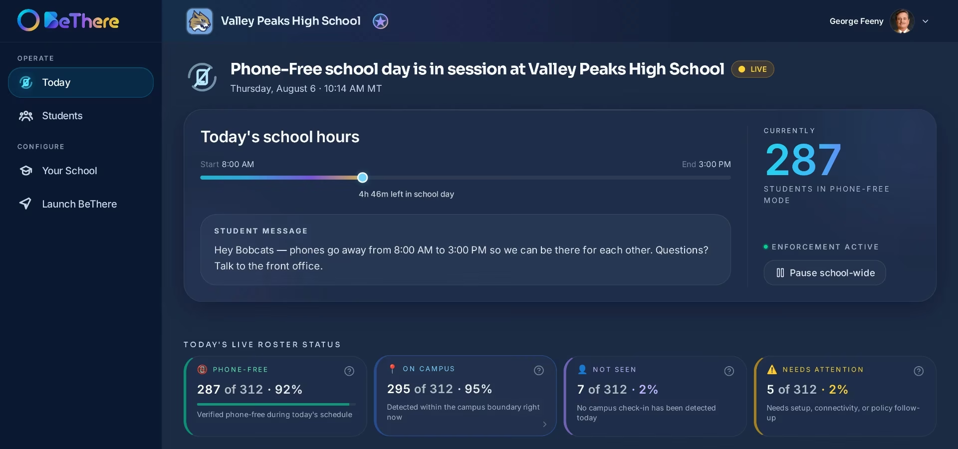 Admin Portal — phone-free school day dashboard for Valley Peaks