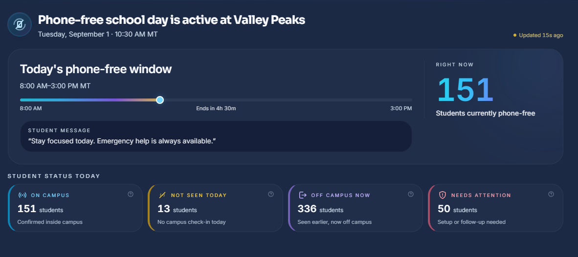 Admin Portal — phone-free school day dashboard for Valley Peaks