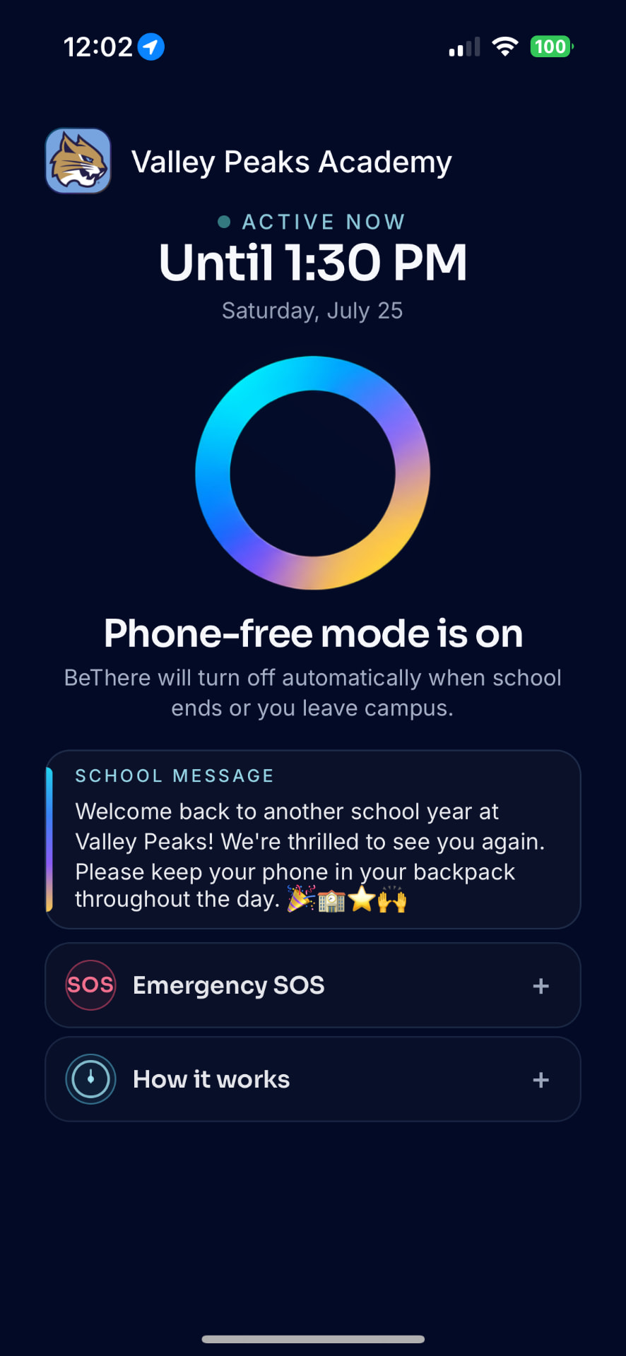 BeThere student app — Phone-free mode active