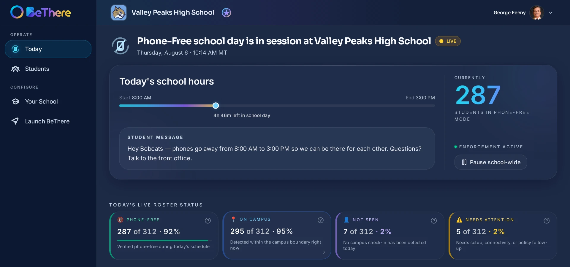 BeThere Admin Portal — Today view at Valley Peaks High School