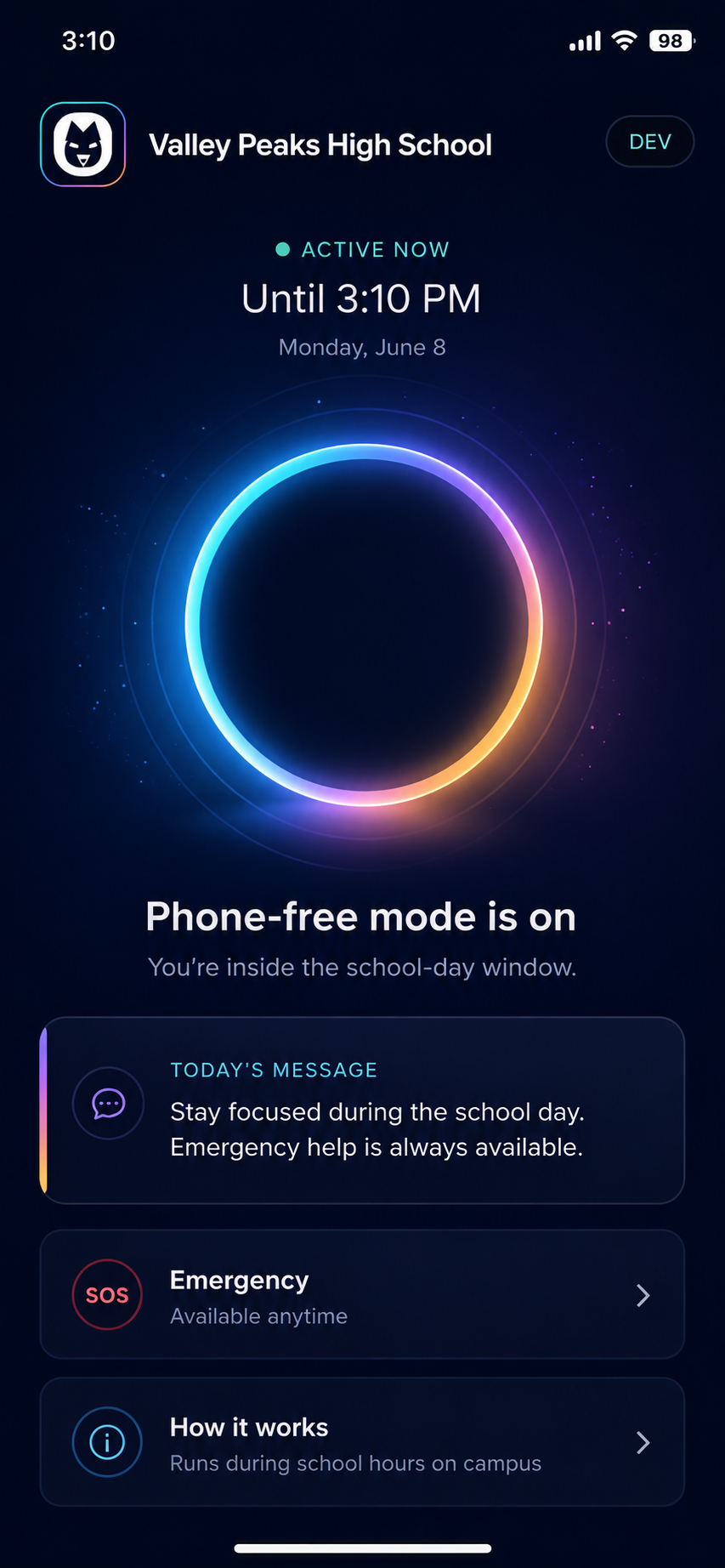 BeThere student app — Phone-free mode active
